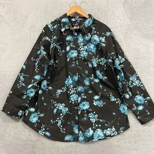 Roman's Blouse Womens 20W Button Up Shirt Floral Black Blue Long‎ Sleeve Preppy